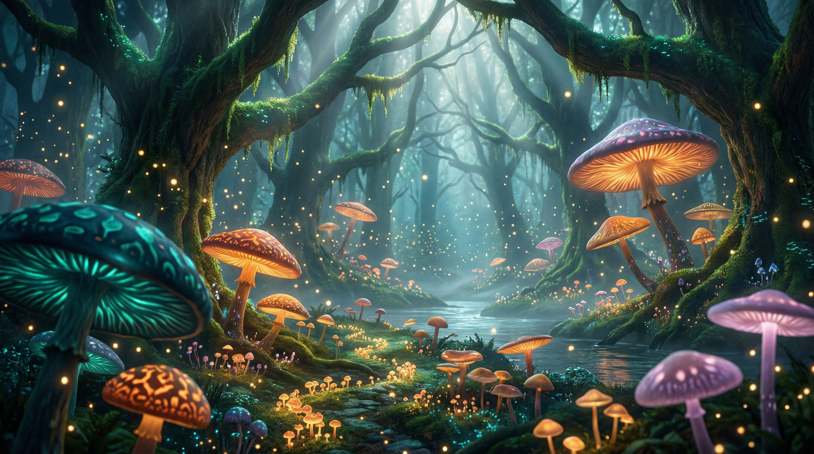 ADHD app cerebral experience mystical mushroom forest background with bioluminescent glowing elements representing mental clarity and focus